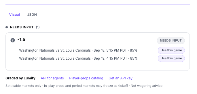 Visual grade sheet showing St. Louis Cardinals -1.5 as Needs input, with two Washington Nationals vs St. Louis Cardinals games listed — September 18 at 5:15 PM PDT and September 19 at 4:15 PM PDT — each with a Use this game button.